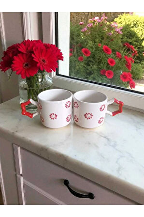 2 li El İşi Kırmızı Çiçekler İşlemeli Doğal Seramik Mug Kupa Çay / Cappuccino Fincanı