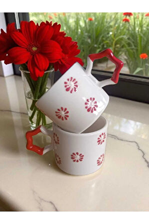 2 li El İşi Kırmızı Çiçekler İşlemeli Doğal Seramik Mug Kupa Çay / Cappuccino Fincanı