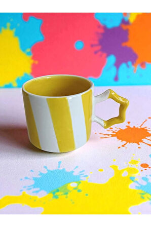 2 li El İşi Şeritli İki Renk Doğal Seramik Mug Kupa Çay / Cappuccino Fincanı