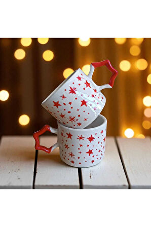 2 li Kırmızı Yıldızlar Desenli Yıldız Kulplu El Yapımı Doğal Seramik Mug Kupa Çay Cappuccino Fincanı