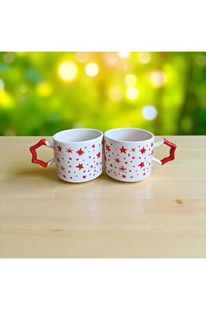 2 li Kırmızı Yıldızlar Desenli Yıldız Kulplu El Yapımı Doğal Seramik Mug Kupa Çay Cappuccino Fincanı
