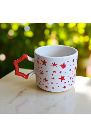 2 li Kırmızı Yıldızlar Desenli Yıldız Kulplu El Yapımı Doğal Seramik Mug Kupa Çay Cappuccino Fincanı