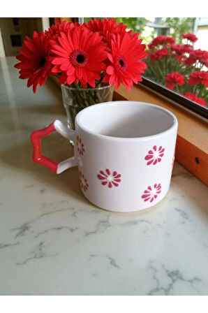 El İşi Kırmızı Çiçekler İşlemeli Doğal Seramik Mug Kupa Çay / Cappuccino Fincanı
