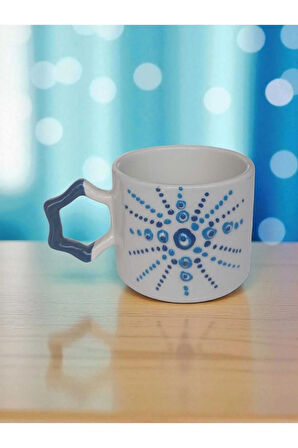Nazar Boncuğu Işlemeli Lacivert Yıldız Kulp El Işi Doğal Seramik Mug Kupa Çay/ Cappuccino Fincanı