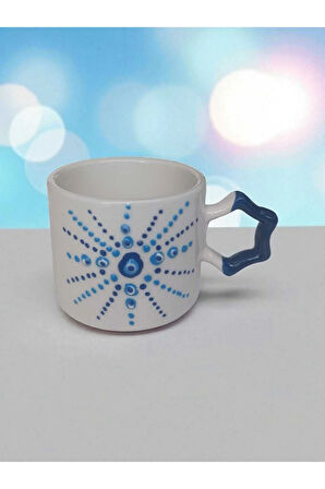 2'li Nazar Boncuğu Işlemeli Lacivert Yıldız Kulp El Işi Seramik Mug Kupa Çay/cappuccino Fincanı