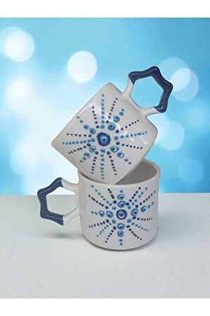 6'lı Nazar Boncuğu İşlemeli Lacivert Kalp Kulp El İşi Doğal Seramik Mug Kupa Çay/Cappuccino Fincanı