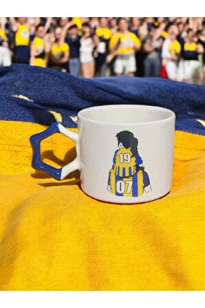 Taraftar Baba Kız Sarı Lacivert Yıldız Kulplu El Yapımı Seramik Mug Kupa Çay Cappuccino Fincanı