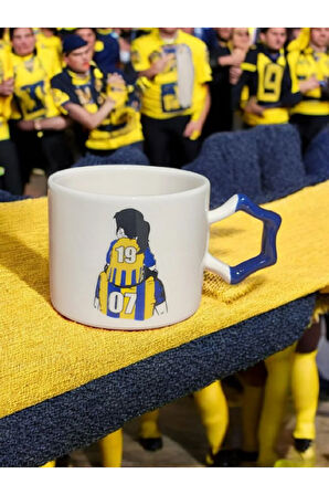 Taraftar Baba Kız Sarı Lacivert Yıldız Kulplu El Yapımı Seramik Mug Kupa Çay Cappuccino Fincanı