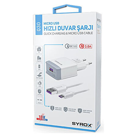 HHM_ Lenovo P2 Uyumlu Mikro Usb Girişli 3.0 Amper Adaptör+Kablo Şarj Aleti -Q30