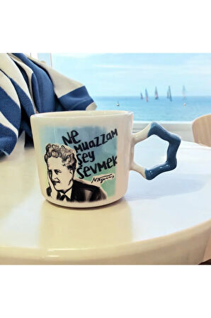 Nazım Hikmet " Ne Muazzam Şey Sevmek " Illustrasyon Baskılı Yıldız Kupa Mug Çay Kahve Fincanı
