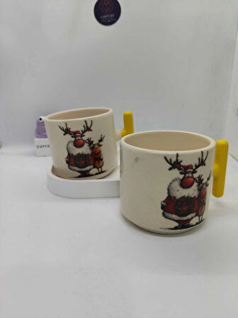 Sarı Saplı, Sevimli Yılbaşı Desenli 150 ML Seramik Kupa (2 ADET)