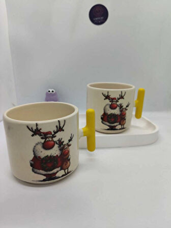 Sarı Saplı, Sevimli Yılbaşı Desenli 150 ML Seramik Kupa (2 ADET)