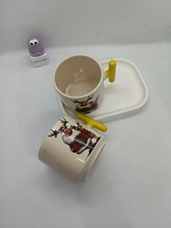 Sarı Saplı, Sevimli Yılbaşı Desenli 150 ML Seramik Kupa (2 ADET)