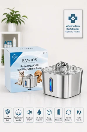 Premium 2.2 L Paslanmaz Çelik Kedi ve Köpek İçin Su Pınarı & Su Sebili | Ultra Sessiz | Su Seviyesi LED Göstergeli | Aktif Karbon Filtreli | Model : SSPF-434