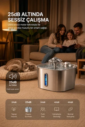 Premium 2.2 L Paslanmaz Çelik Kedi ve Köpek İçin Su Pınarı & Su Sebili | Ultra Sessiz | Su Seviyesi LED Göstergeli | Aktif Karbon Filtreli | Model : SSPF-434