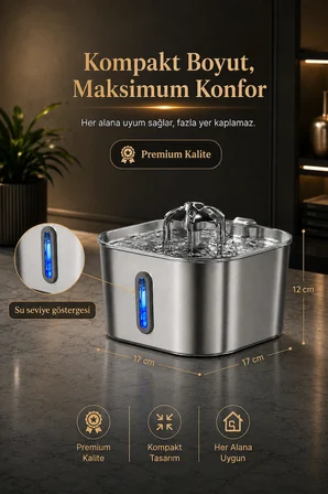 Premium 2.2 L Paslanmaz Çelik Kedi ve Köpek İçin Su Pınarı & Su Sebili | Ultra Sessiz | Su Seviyesi LED Göstergeli | Aktif Karbon Filtreli | Model : SSPF-434