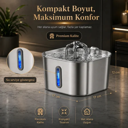2.2L Paslanmaz Çelik Kedi Köpek Su Pınarı/Su Sebili Model : SSPF-434 + 8'li Aktif Karbon Yedek Filtre Seti | Başlangıç Paketi