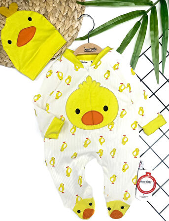 Unisex Sevimli Civciv Tweety Fermuarlı Şapkalı Tulum- Sarı