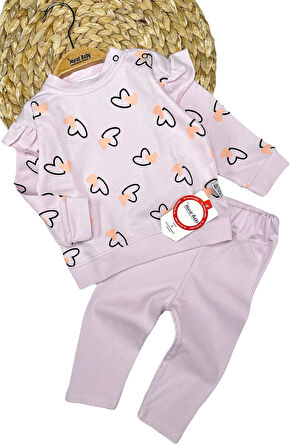 Kız Bebek Minik Kalpler Pamuklu Taytlı Takım