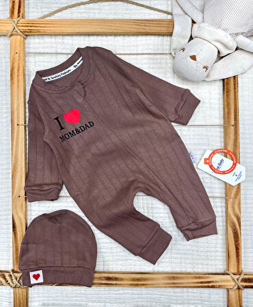 Unisex I Love Mom & Dad Yazılı Önden Fermuarlı Pamuklu Tulum