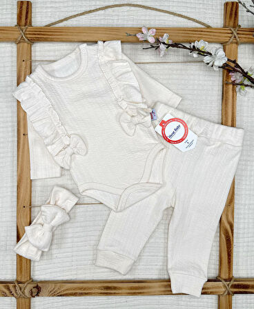 Kız Bebek Fiyonk Fırfırlı Alttan Çıt Çıtlı Mevsimlik Pamuklu Takım