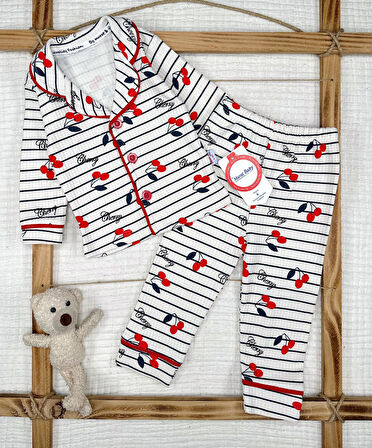 Kız Bebek Kirazlı Waffle Kumaş Mevsimlik Düğmeli Pijama Takımı