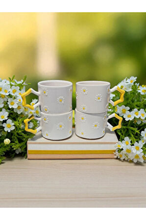 4'lü Papatya Kabartma Desenli El Işi Doğal Seramik Mug Kupa Çay / Cappuccino Fincanı