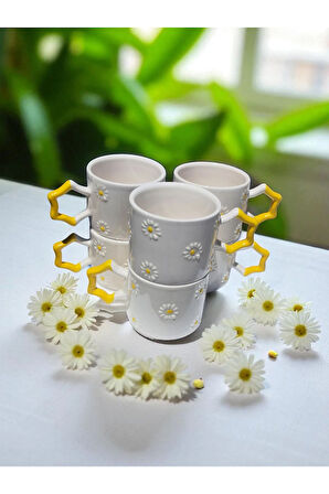 6'lı Papatya Kabartma Desenli El Işi Doğal Seramik Mug Kupa Çay / Cappuccino Fincanı