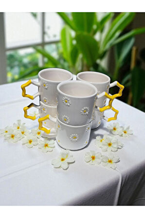 6'lı Papatya Kabartma Desenli El Işi Doğal Seramik Mug Kupa Çay / Cappuccino Fincanı