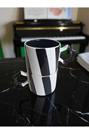 2 li El İşi Şeritli İki Renk Doğal Seramik Mug Kupa Çay / Cappuccino Fincanı