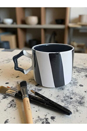 2 li El İşi Şeritli İki Renk Doğal Seramik Mug Kupa Çay / Cappuccino Fincanı