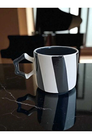 2 li El İşi Şeritli İki Renk Doğal Seramik Mug Kupa Çay / Cappuccino Fincanı