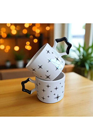 2 li Siyah Zarif Yıldızlar Desenli Yıldız Kulplu El Yapımı Seramik Mug Kupa Çay Cappuccino Fincanı