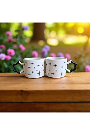 2 li Siyah Zarif Yıldızlar Desenli Yıldız Kulplu El Yapımı Seramik Mug Kupa Çay Cappuccino Fincanı