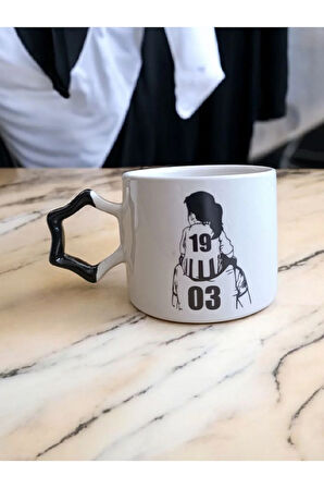 Taraftar Baba Kız Siyah Beyaz Yıldız Kulplu El Yapımı Seramik Mug Kupa Çay Cappuccino Fincanı