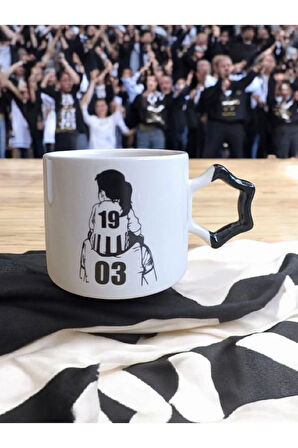 Taraftar Baba Kız Siyah Beyaz Yıldız Kulplu El Yapımı Seramik Mug Kupa Çay Cappuccino Fincanı