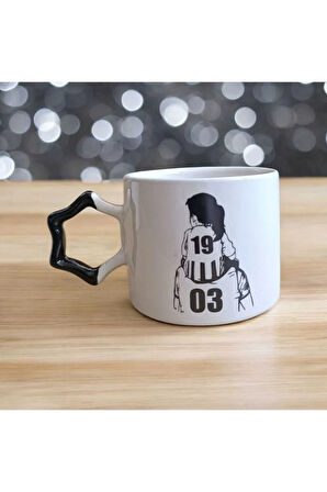 Taraftar Baba Kız Siyah Beyaz Yıldız Kulplu El Yapımı Seramik Mug Kupa Çay Cappuccino Fincanı