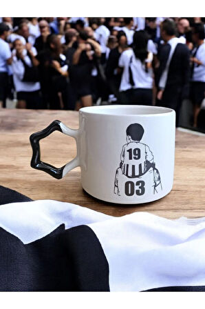Taraftar Baba Oğul Siyah Beyaz Yıldız Kulplu El Yapımı Seramik Mug Kupa Çay Cappuccino Fincanı