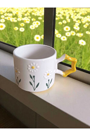 El İşi Papatya Bahçesi İşlemeli Doğal Seramik Mug Kupa Çay / Cappuccino Fincanı