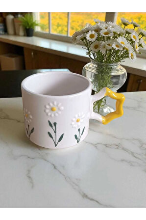 El İşi Papatya Bahçesi İşlemeli Doğal Seramik Mug Kupa Çay / Cappuccino Fincanı