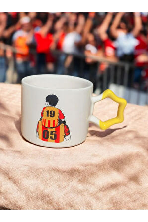 Taraftar Baba Oğul Sarı Kırmızı Yıldız Kulplu El Yapımı Seramik Mug Kupa Çay Cappuccino Fincanı