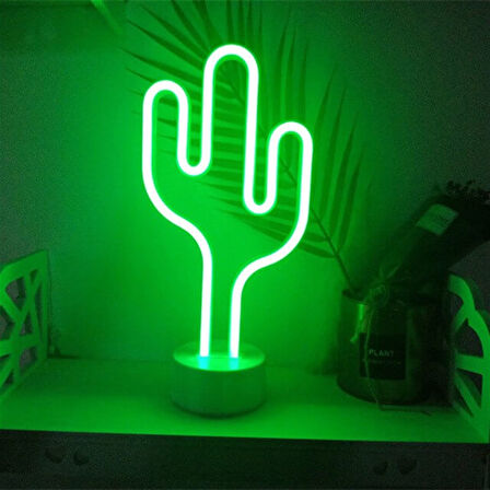 Neon Işıklı Kaktüs Masa Gece Lambası USB+Pil Dekoratif Aydınlatma