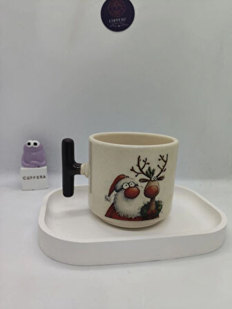 Siyah Saplı, Sevimli Yılbaşı Desenli 150 ML Seramik Kupa (2 ADET)