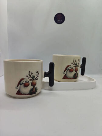 Siyah Saplı, Sevimli Yılbaşı Desenli 150 ML Seramik Kupa (2 ADET)