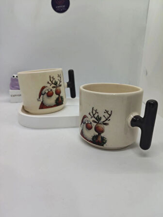 Siyah Saplı, Sevimli Yılbaşı Desenli 150 ML Seramik Kupa (2 ADET)