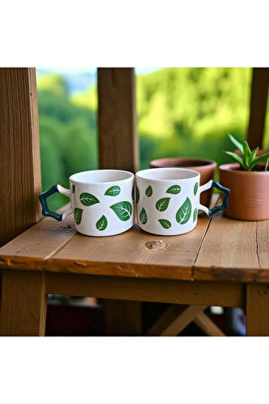 2 li Yeşil Yapraklar Desenli Yıldız Kulplu El Doğal Yapımı Seramik Mug Kupa Çay Cappuccino Fincanı
