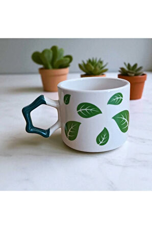 2 li Yeşil Yapraklar Desenli Yıldız Kulplu El Doğal Yapımı Seramik Mug Kupa Çay Cappuccino Fincanı