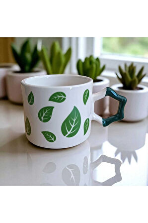 Yeşil Yapraklar Desenli Yıldız Kulplu El Yapımı Doğal Seramik Mug Kupa Çay Cappuccino Fincanı