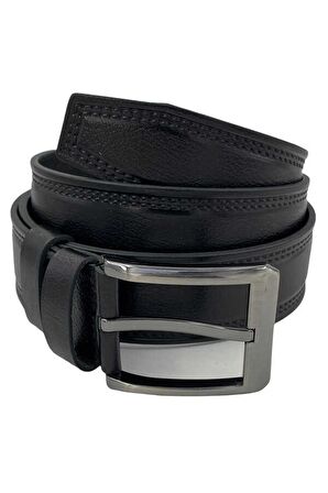 4 cm.lik Spor Hakiki Deri Desenli Çift Dikişli Kot Kemer Siyah 