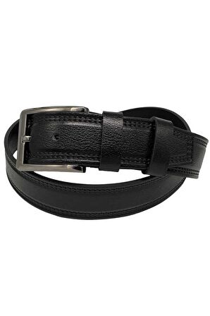 4 cm.lik Spor Hakiki Deri Desenli Çift Dikişli Kot Kemer Siyah 